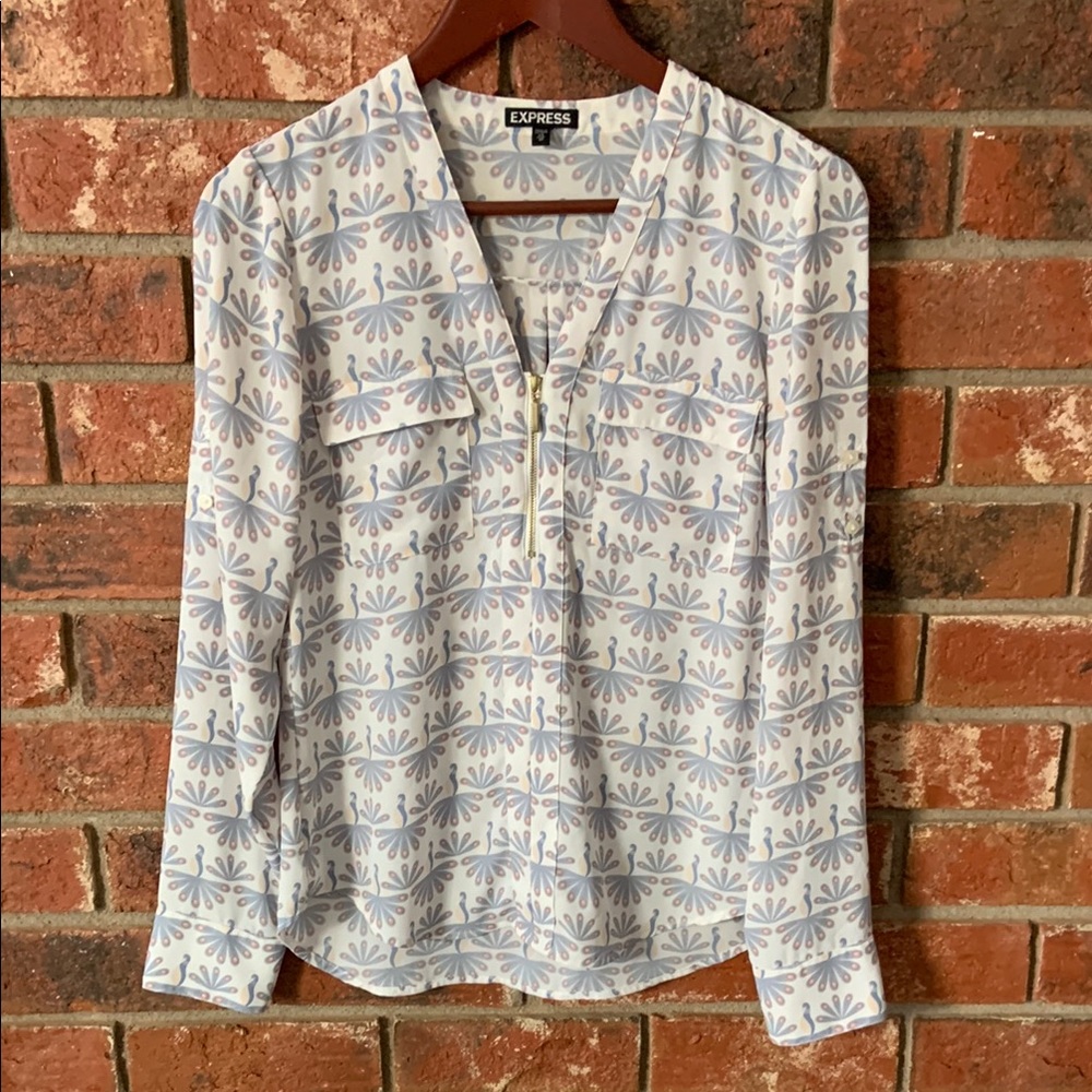 Express Women's Blue Cream Peacock Patterned Top